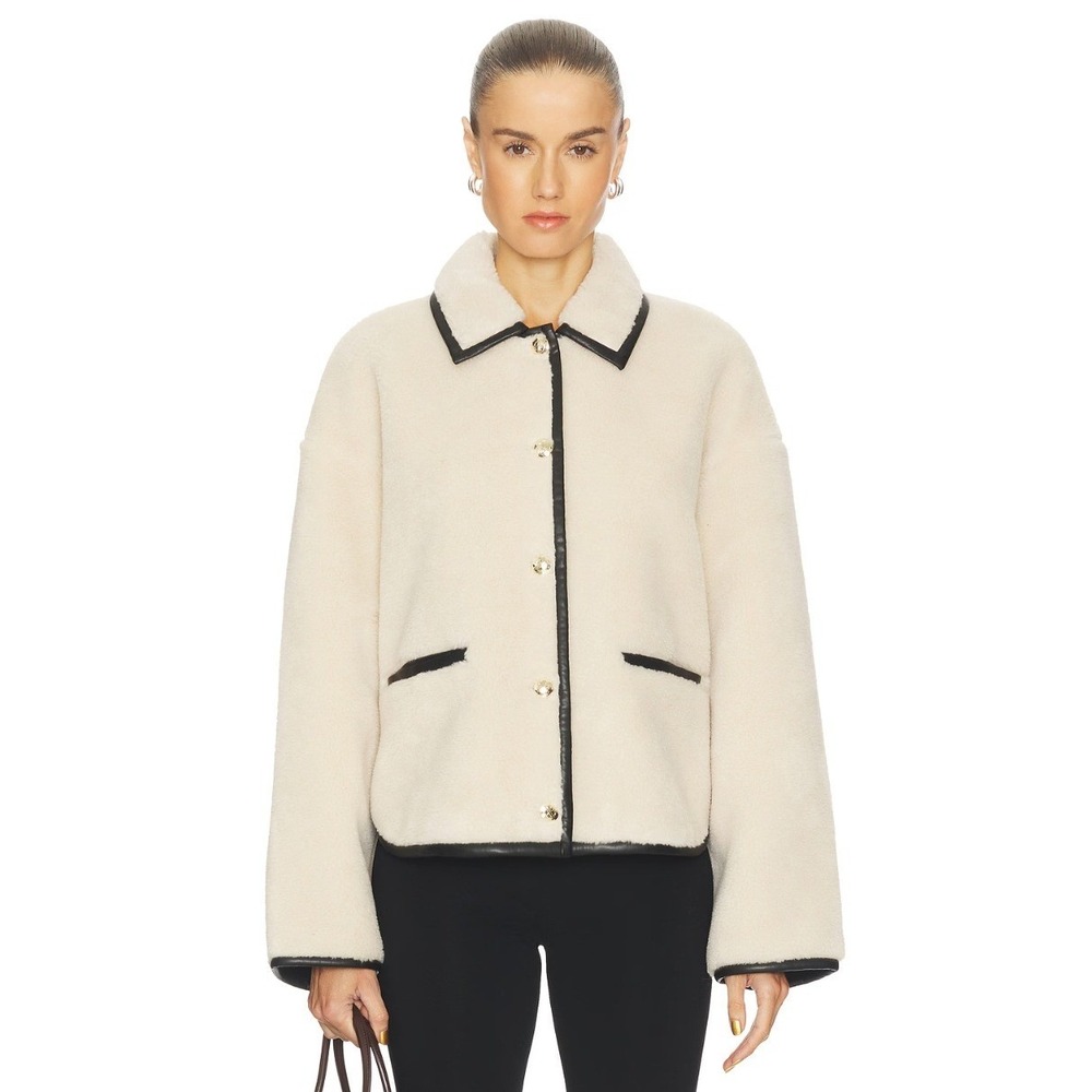 Anine Bing Camden Jacket Cream Sherpa Faux Leather Trim Women Button Front Sz M